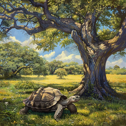 A Texas tortoise under the shade of a large oak tree in a tranquil meadow