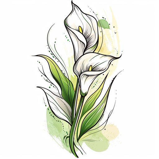 Tattoo sketch of a calla lily in a flat clipart style with an eco-green theme and natural motifs