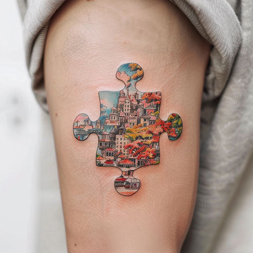 Hyper-detailed puzzle piece tattoo with microcosm of city life