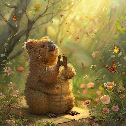 A quokka practicing yoga in a peaceful garden