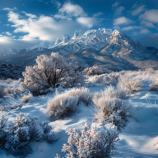 Sandia Mountains in winter with snowy landscape