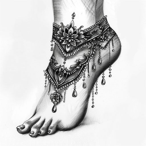 Elegant sketch of a flat ankle bracelet with lace and bead patterns