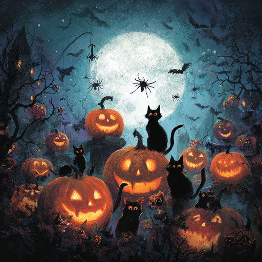 Vibrant and Spooky Halloween Scene with Jack-o'-Lanterns