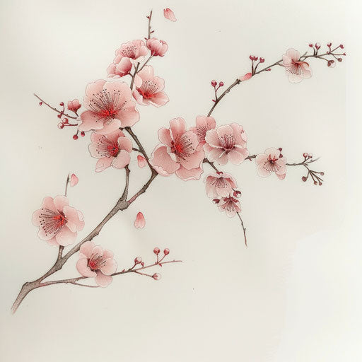 Stylish flat tattoo sketch of a cherry blossom branch in pink