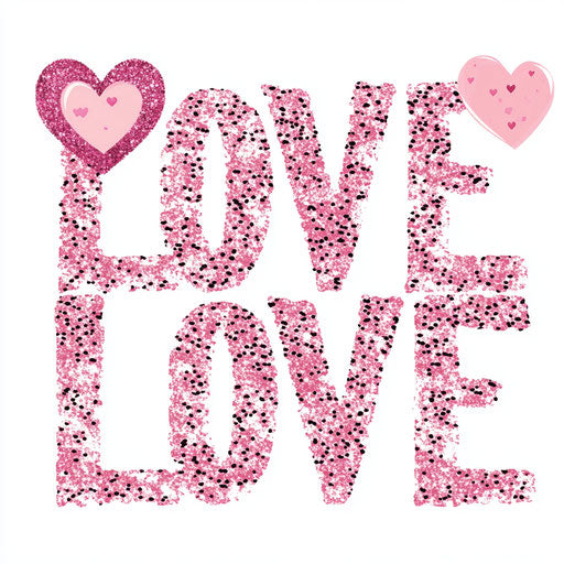 Pink leopard print with pink glittery text 'LOVE' and heart clipart on white background