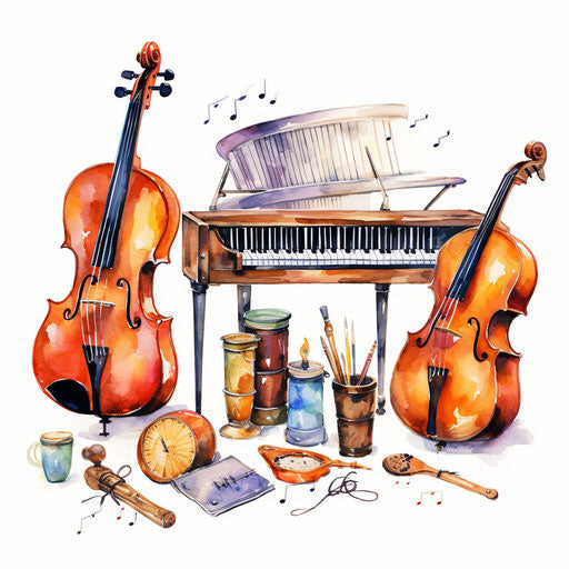 Musical instruments clipart in the style of Impressionistic Art, on a white background