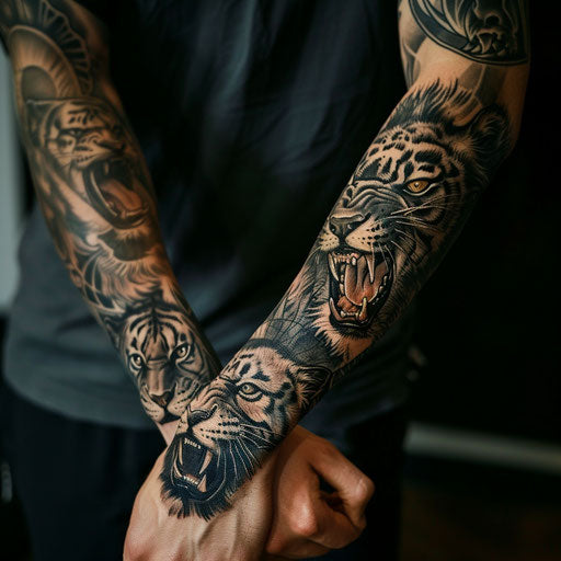 Arm tattoo with fierce animal designs, Ami James style