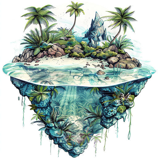 Tropical island surrounded by clear water, clipart style