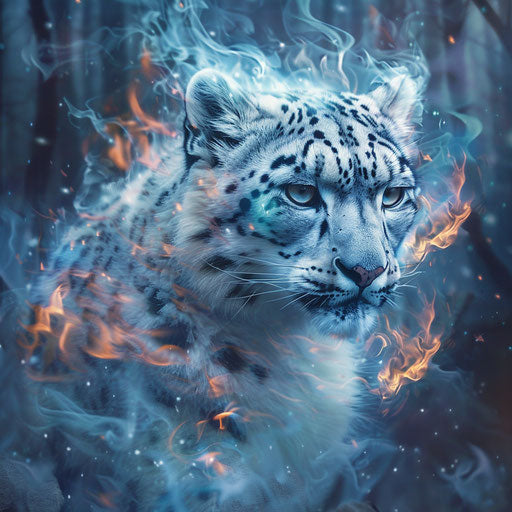 Snow leopard surrounded by ethereal flames in mystical forest