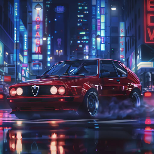 Alfa Romeo Alfasud with a futuristic electric conversion, gliding silently through a neon-lit cityscape at night.