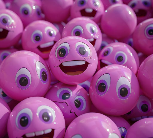 Pink cartoon balls with purple eyes and smiles