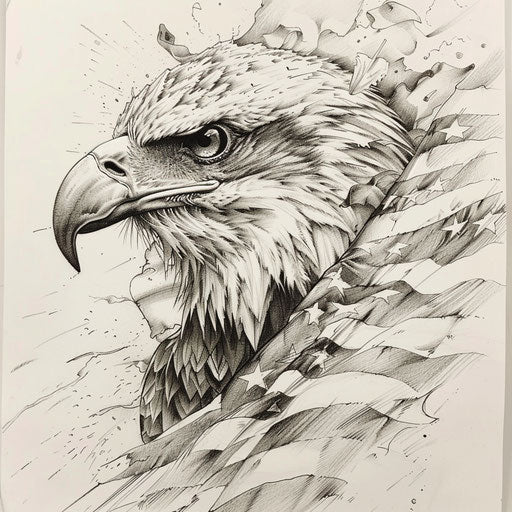 Sketch of eagle and flag military tattoo symbols of freedom