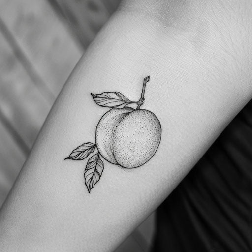 Detailed monochrome tattoo sketch of a peach