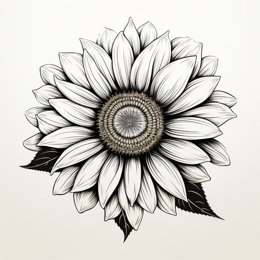 Black and white drawing of a sunflower, tattoo-inspired style