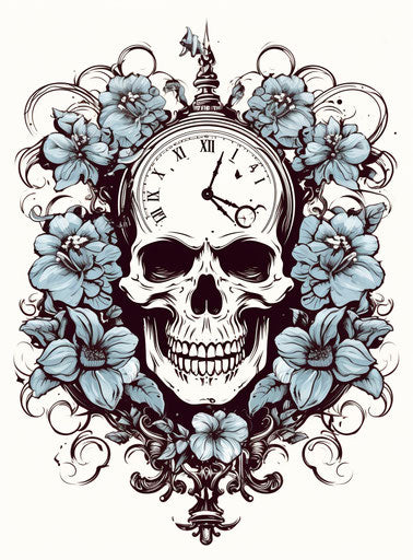 Skulls and flowers on a clock vector, intaglio style