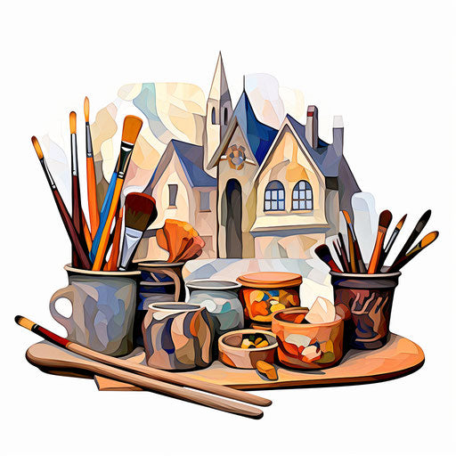 Arts and crafts clipart in the style of Impressionistic Art, on a white background