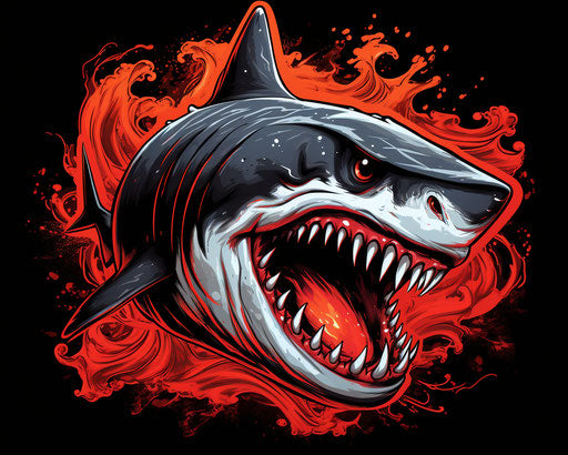 Shark with orange flames and claws, black and white line work