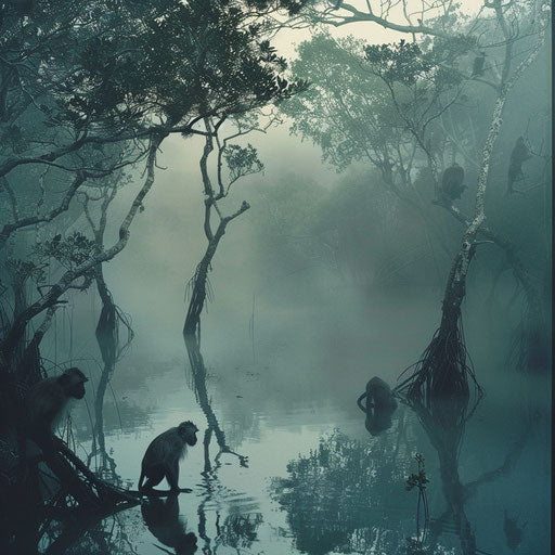Mysterious Exploration: Monkeys in Foggy Swamp
