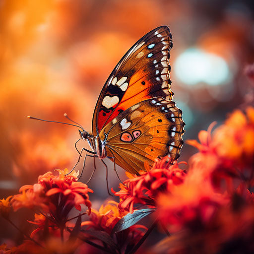 Butterfly on flowers with blurred background, Helios 44-2 58mm f/2 style, dark orange, colorized, candid moments captured