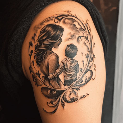 Mother-son tattoos in Ed Hardy style