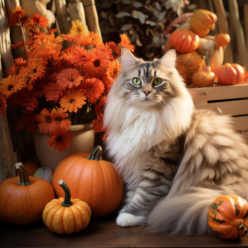 Siberian cat relaxing with pumpkins