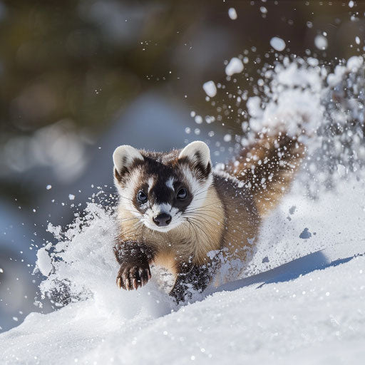 A black-footed ferret dives into the snow for prey