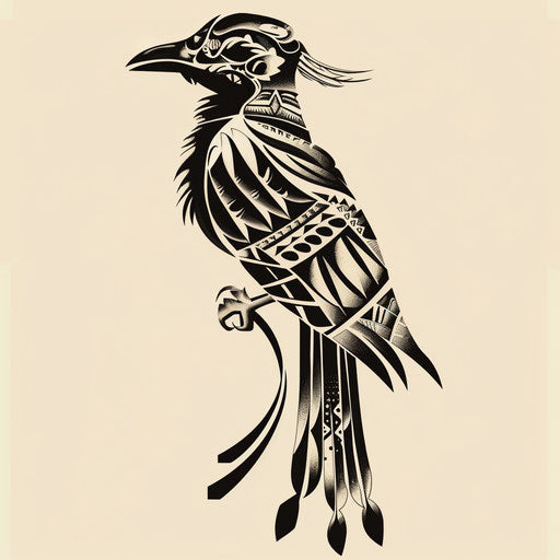 Exotic flat tattoo sketch of a magpie adorned with traditional Polynesian patterns