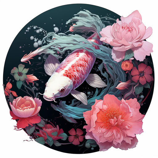 Tropical flower with koi fish, mixed media style in gray and magenta