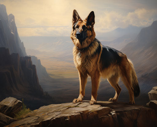 Small german shepherd on mount Follis in alpine landscape