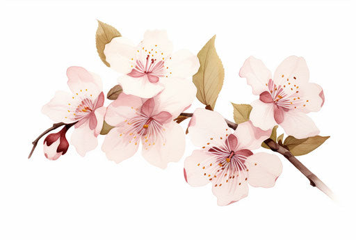 Two flowers with leaves on white background, cherry blossom style