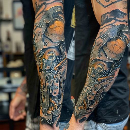 Arm tattoo with biomechanical designs