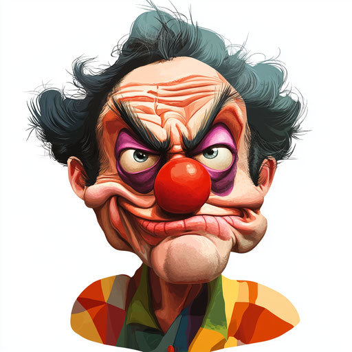 Humorous caricature of a clown with exaggerated human characteristics