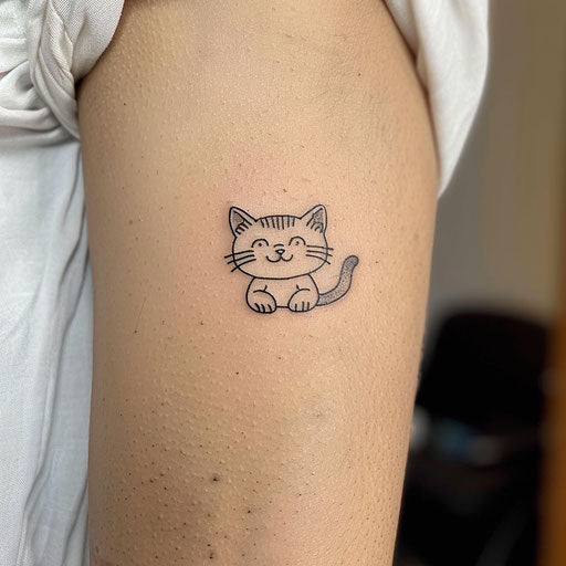 Tiny tattoos for women in the style of Humberto Ramos with a playful cat