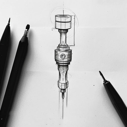 Minimalist flat tattoo sketch of a piston silhouette with a sleek, modern design