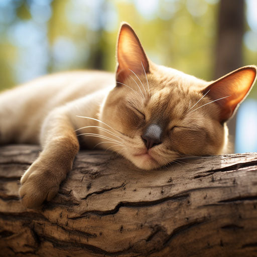 Burmese cat lying on a tree branch