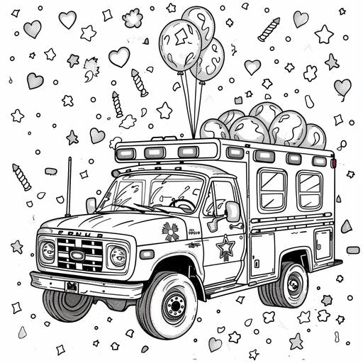 Whimsical ambulance decorated with balloons and confetti for a parade. Coloring book page