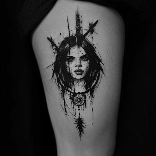 Daughter tattooed with a dreamcatcher adorned with a name on the thigh