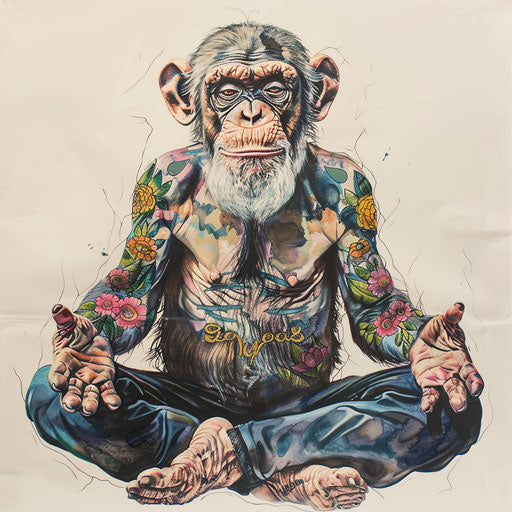 Wise old monkey in meditation pose, spiritual tattoo design