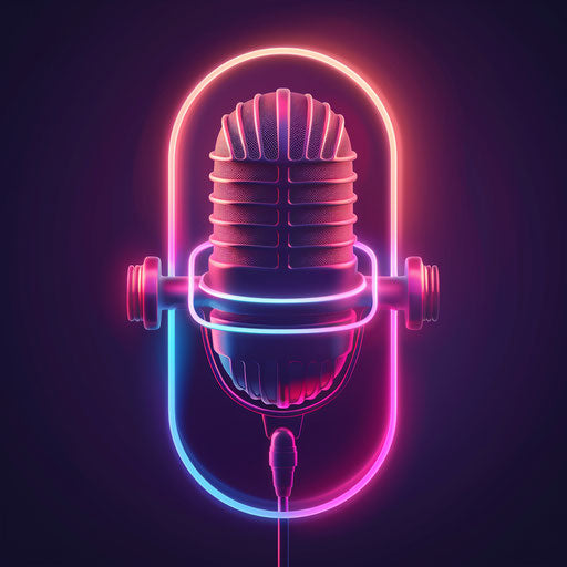 Retro podcast logo with neon colors on dark background