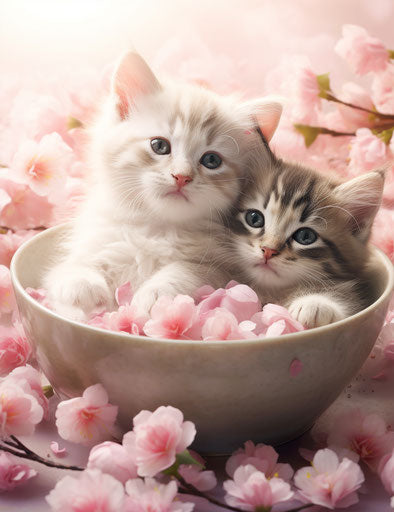 Two cats in a bowl of pink flowers
