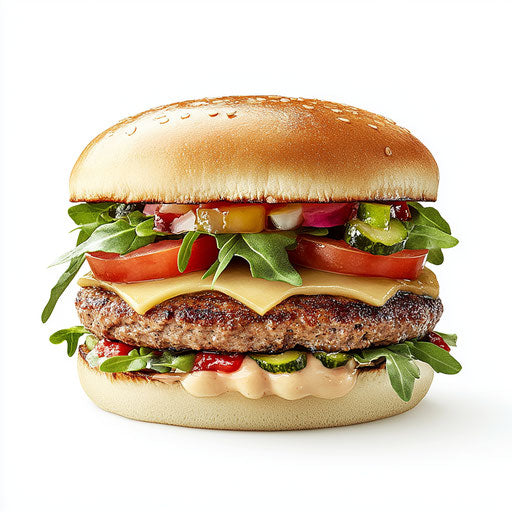 3D burger on flat white background, isolated clipart