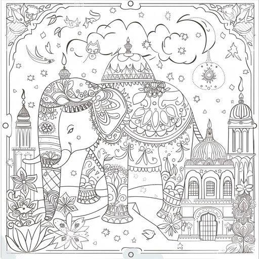 An elephant whimsically decorated for Diwali