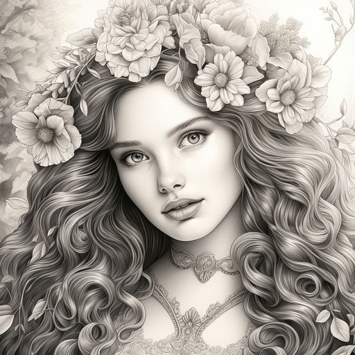Coloring page with a beautiful princess, floral artistic style