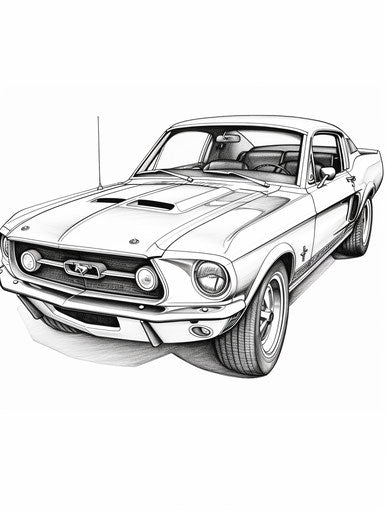 A Ford Mustang coloring page in the style of Yashica Mat-124G