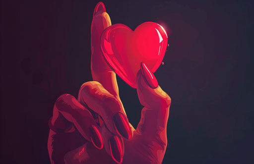 Heart finger with nail polish on dark background