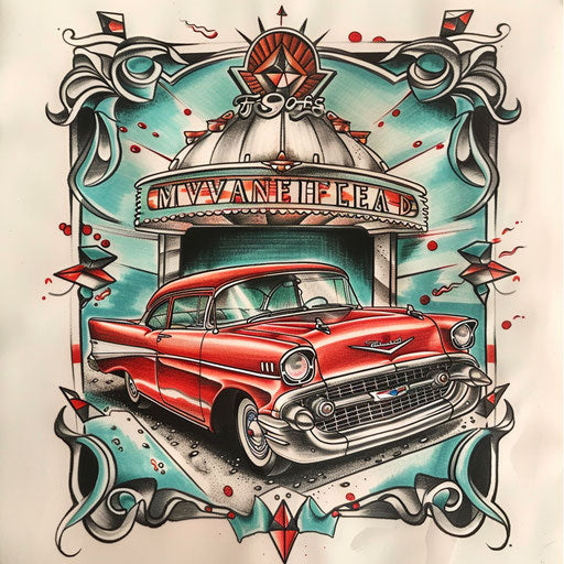 Retro 1950s flat tattoo sketch for 13 tattoo with classic cars and diner motifs in red and turquoise