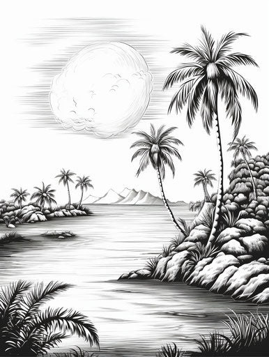 Isolated tropical island in black and white ink drawing