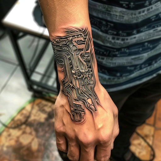 Men's wrist tattoos with biomechanical circuit