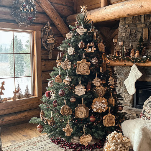 Rustic Christmas tree in a cozy cabin