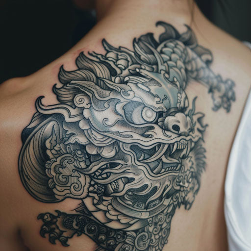 Ornamental foo dog tattoo on white canvas